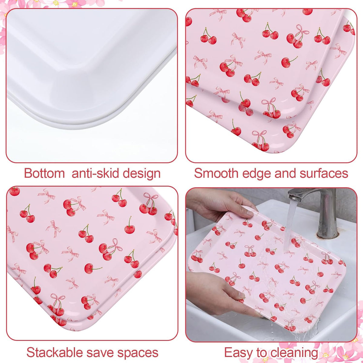 3 Pcs Cherry Bow Serving Trays 13 x 10 Inch Pink Bow Cherry Melamine Platters Reusable Rectangular Serving Dishes for Coquette Wedding Baby Shower Birthday Party Sharing Snack Fruit Dessert