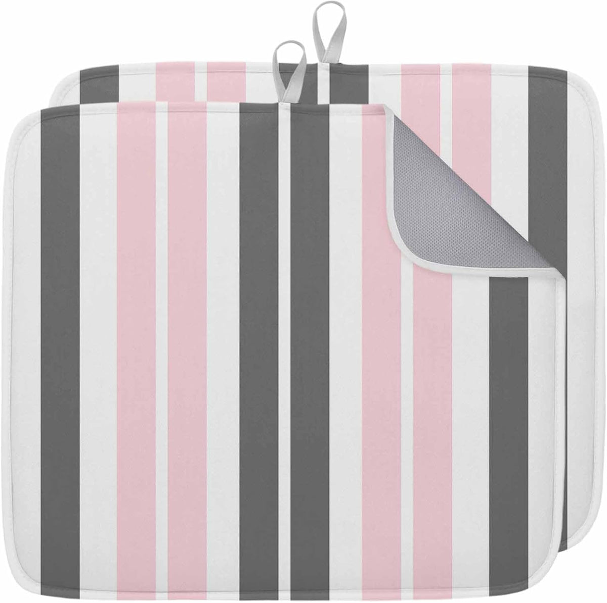 Dish Drying Mat Gray Pink Kitchen Counter Drying Pad for Dishes Glasses Cups and Cookware Stripe Absorbent Dish Drying Mat Machine Washable Kitchen Accessories 2 Pack 16" x 18"