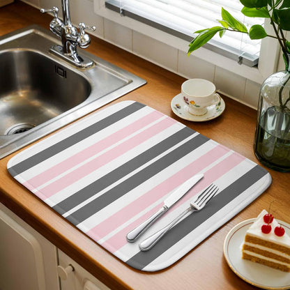 Dish Drying Mat Gray Pink Kitchen Counter Drying Pad for Dishes Glasses Cups and Cookware Stripe Absorbent Dish Drying Mat Machine Washable Kitchen Accessories 2 Pack 16" x 18"