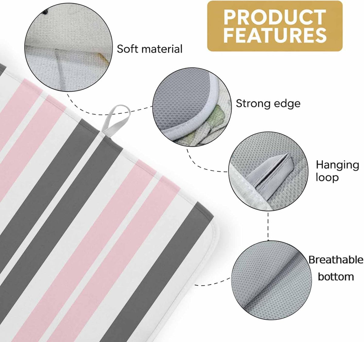 Dish Drying Mat Gray Pink Kitchen Counter Drying Pad for Dishes Glasses Cups and Cookware Stripe Absorbent Dish Drying Mat Machine Washable Kitchen Accessories 2 Pack 16" x 18"