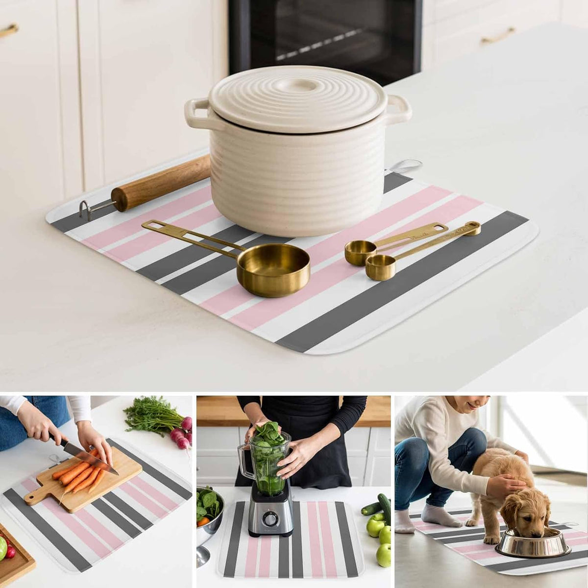 Dish Drying Mat Gray Pink Kitchen Counter Drying Pad for Dishes Glasses Cups and Cookware Stripe Absorbent Dish Drying Mat Machine Washable Kitchen Accessories 2 Pack 16" x 18"