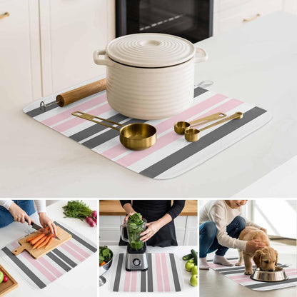 Dish Drying Mat Gray Pink Kitchen Counter Drying Pad for Dishes Glasses Cups and Cookware Stripe Absorbent Dish Drying Mat Machine Washable Kitchen Accessories 2 Pack 16" x 18"