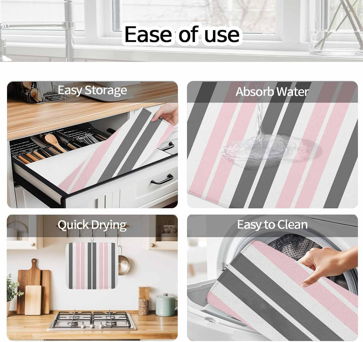 Dish Drying Mat Gray Pink Kitchen Counter Drying Pad for Dishes Glasses Cups and Cookware Stripe Absorbent Dish Drying Mat Machine Washable Kitchen Accessories 2 Pack 16" x 18"