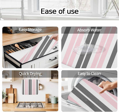 Dish Drying Mat Gray Pink Kitchen Counter Drying Pad for Dishes Glasses Cups and Cookware Stripe Absorbent Dish Drying Mat Machine Washable Kitchen Accessories 2 Pack 16" x 18"
