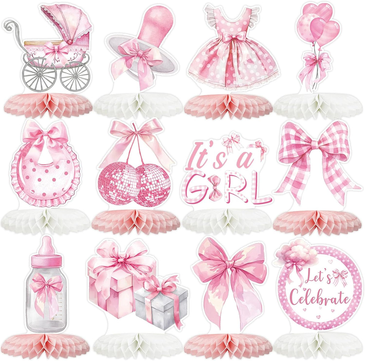 12 Pcs Pink Bow Baby Shower Party Honeycomb Centepieces Bow Coquette Birthday Table Decor 3D Table Topper, Pregnancy Announcement Gender Reveal Birthday Party Supplies