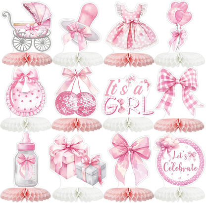 12 Pcs Pink Bow Baby Shower Party Honeycomb Centepieces Bow Coquette Birthday Table Decor 3D Table Topper, Pregnancy Announcement Gender Reveal Birthday Party Supplies