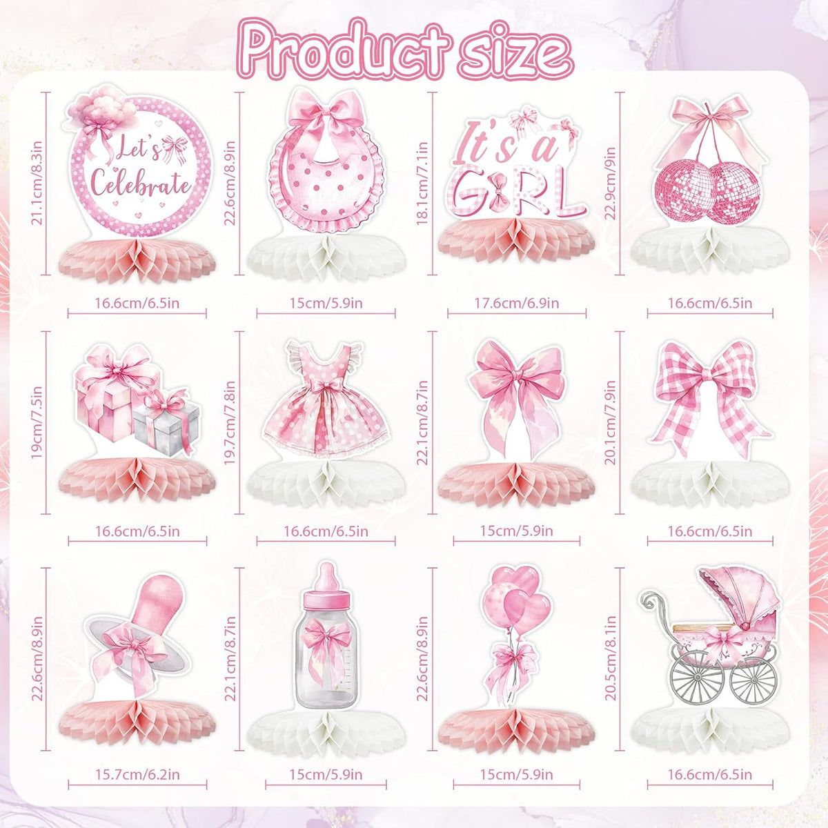 12 Pcs Pink Bow Baby Shower Party Honeycomb Centepieces Bow Coquette Birthday Table Decor 3D Table Topper, Pregnancy Announcement Gender Reveal Birthday Party Supplies