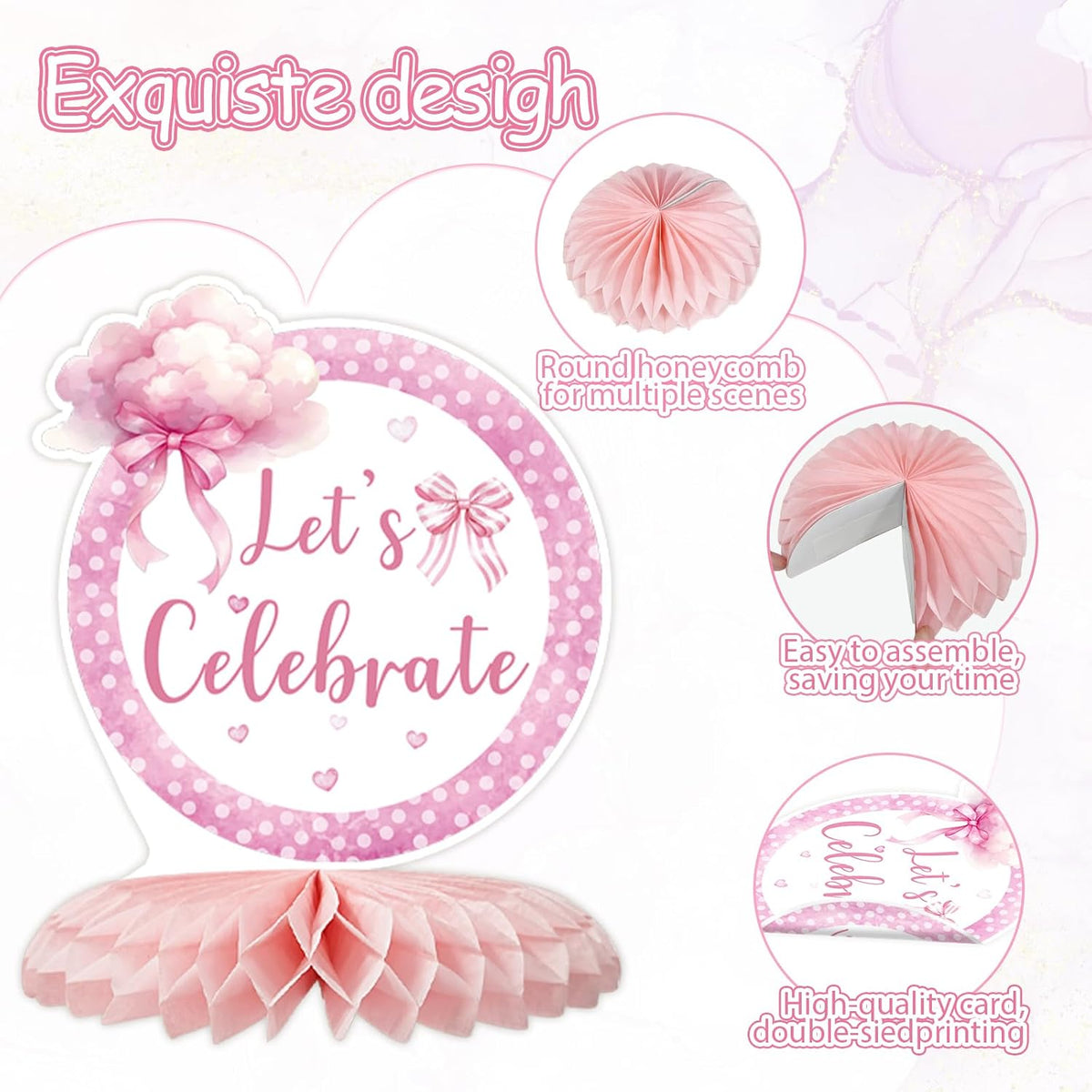 12 Pcs Pink Bow Baby Shower Party Honeycomb Centepieces Bow Coquette Birthday Table Decor 3D Table Topper, Pregnancy Announcement Gender Reveal Birthday Party Supplies