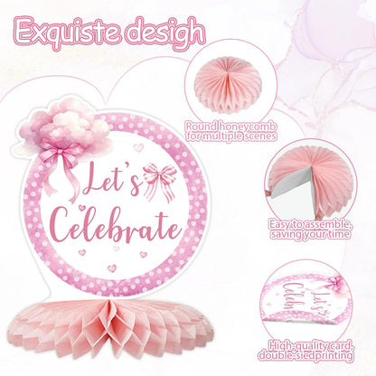 12 Pcs Pink Bow Baby Shower Party Honeycomb Centepieces Bow Coquette Birthday Table Decor 3D Table Topper, Pregnancy Announcement Gender Reveal Birthday Party Supplies