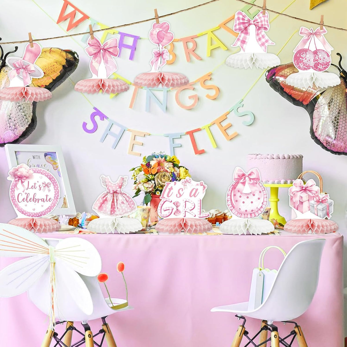 12 Pcs Pink Bow Baby Shower Party Honeycomb Centepieces Bow Coquette Birthday Table Decor 3D Table Topper, Pregnancy Announcement Gender Reveal Birthday Party Supplies