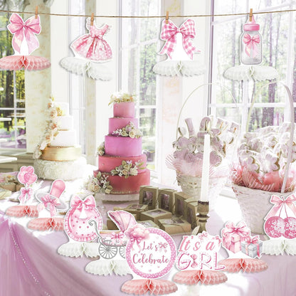 12 Pcs Pink Bow Baby Shower Party Honeycomb Centepieces Bow Coquette Birthday Table Decor 3D Table Topper, Pregnancy Announcement Gender Reveal Birthday Party Supplies