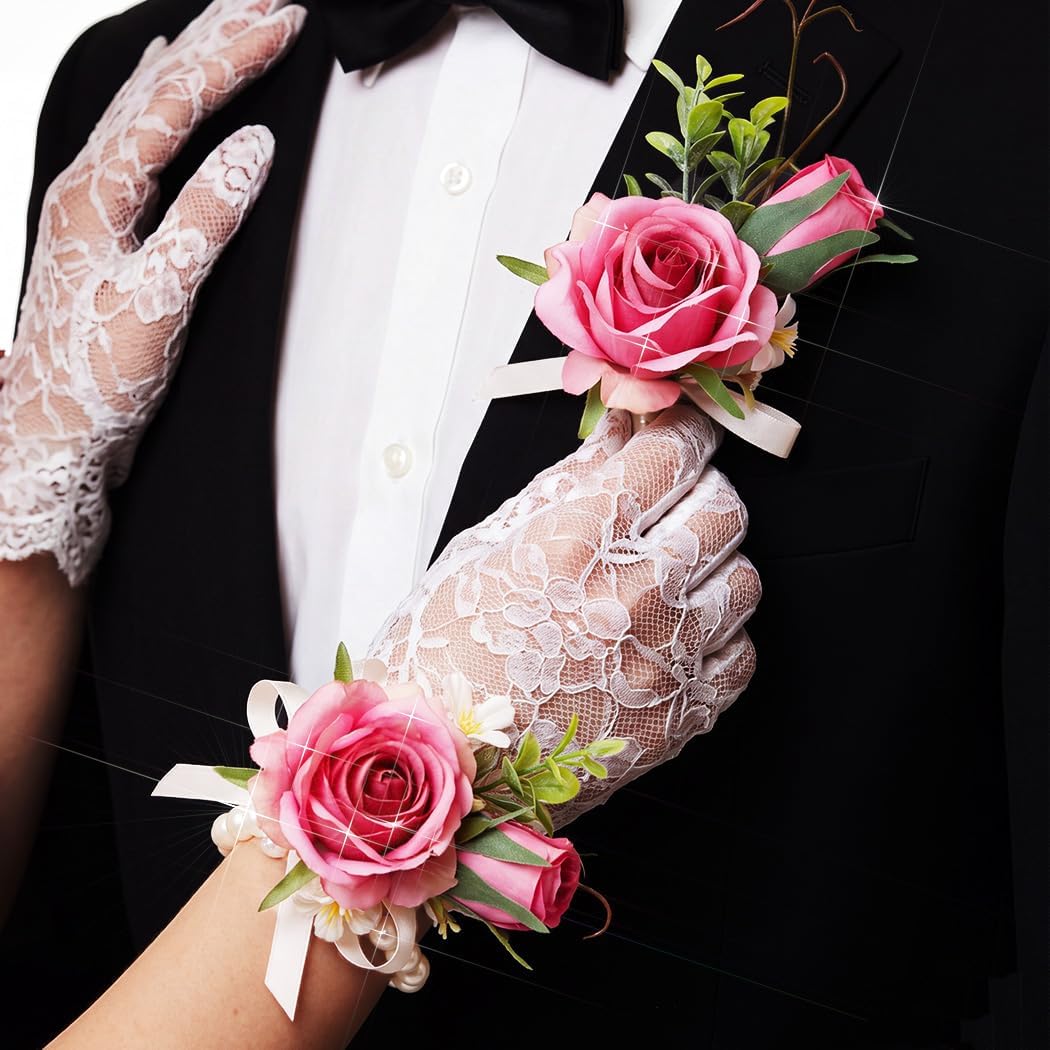 Corsage Boutonniere Set, Groomsmen Buttonholes, Pink Wrist Corsage for Women