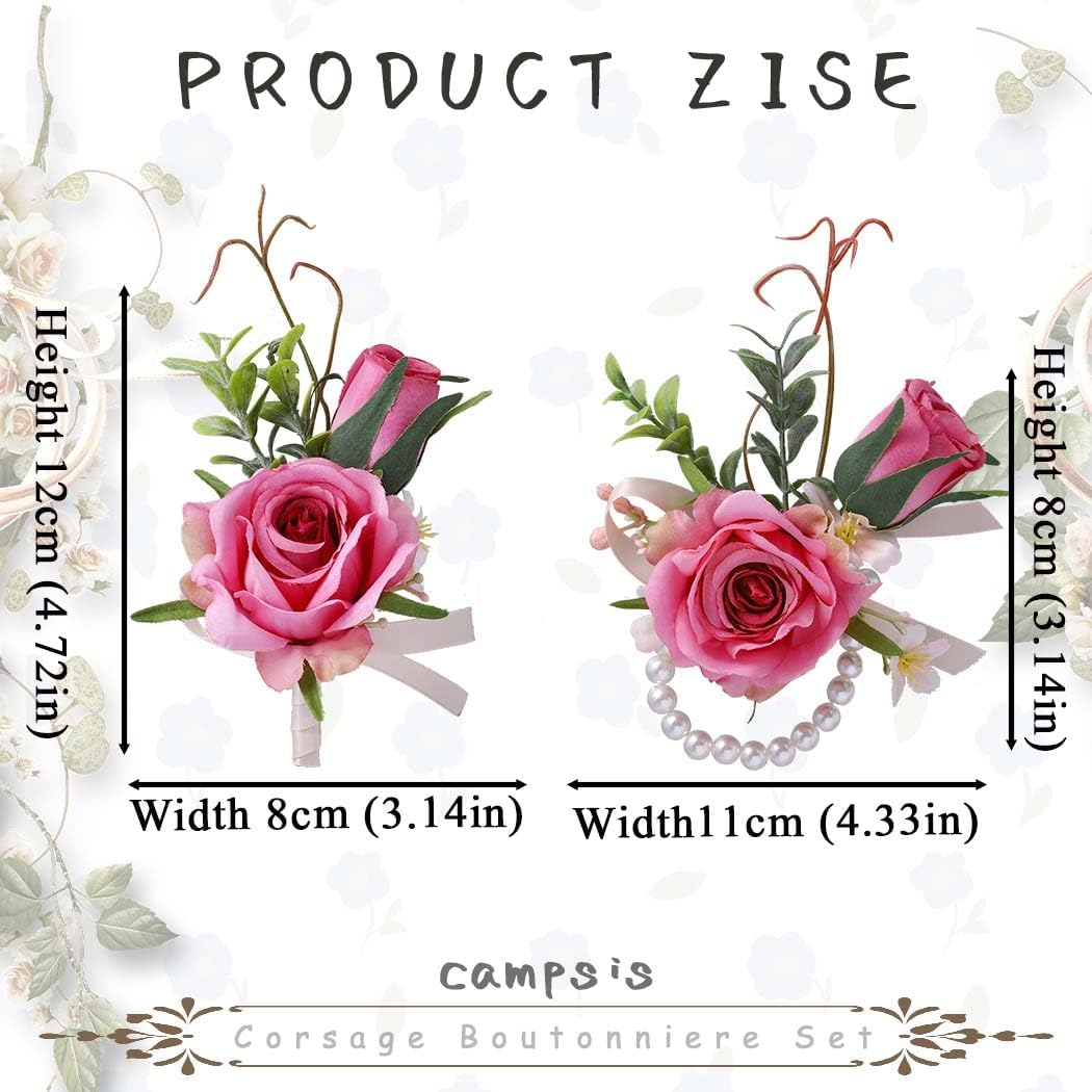 Corsage Boutonniere Set, Groomsmen Buttonholes, Pink Wrist Corsage for Women