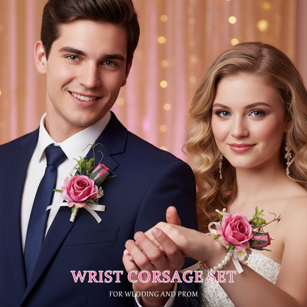 Corsage Boutonniere Set, Groomsmen Buttonholes, Pink Wrist Corsage for Women
