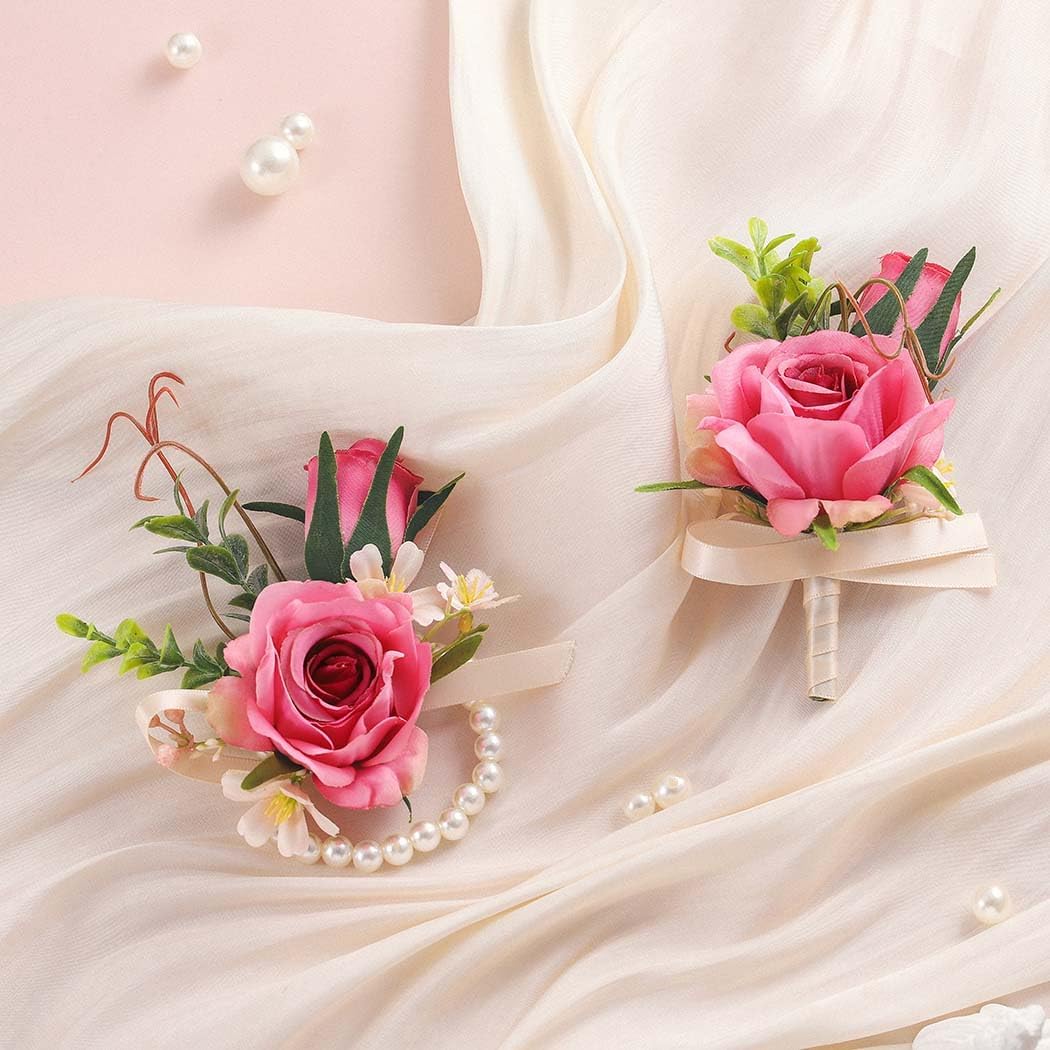 Corsage Boutonniere Set, Groomsmen Buttonholes, Pink Wrist Corsage for Women