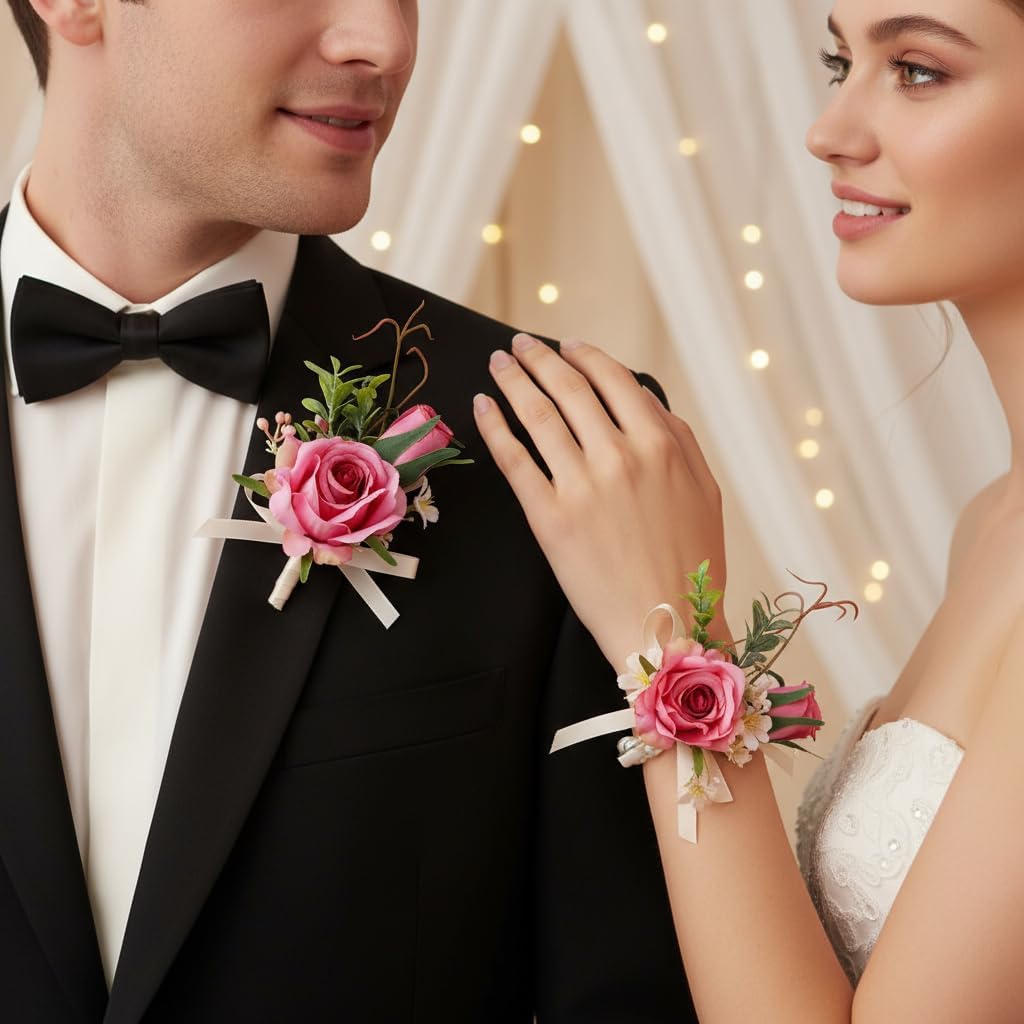 Corsage Boutonniere Set, Groomsmen Buttonholes, Pink Wrist Corsage for Women
