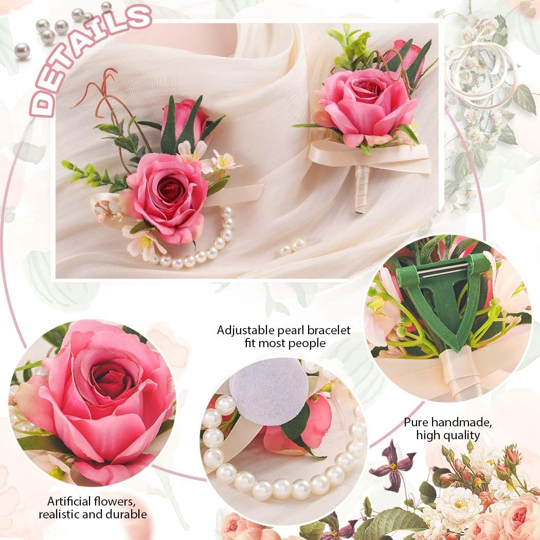 Corsage Boutonniere Set, Groomsmen Buttonholes, Pink Wrist Corsage for Women