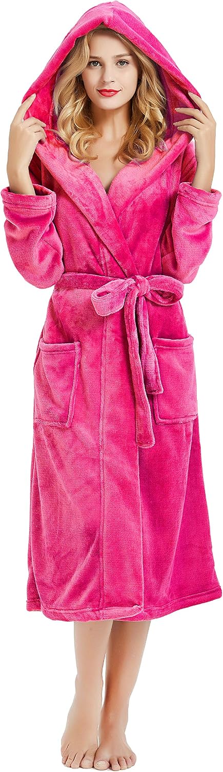 Womens Hooded Fleece Robe, Soft Bathrobe for Womens, Cute Long House Coat