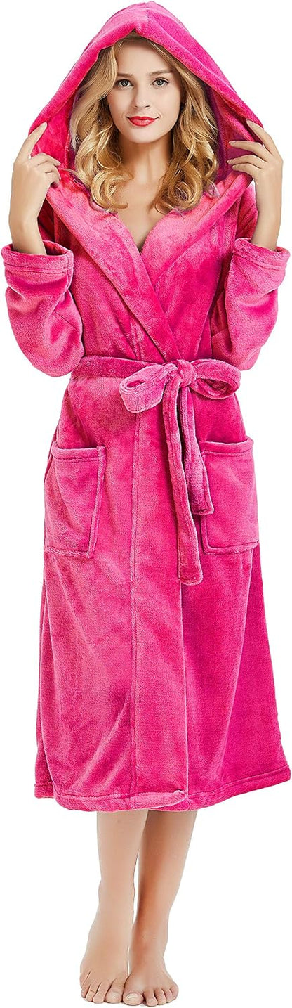 Womens Hooded Fleece Robe, Soft Bathrobe for Womens, Cute Long House Coat