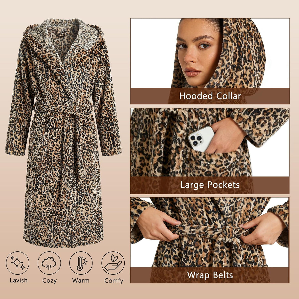 Womens Hooded Fleece Robe, Soft Bathrobe for Womens, Cute Long House Coat
