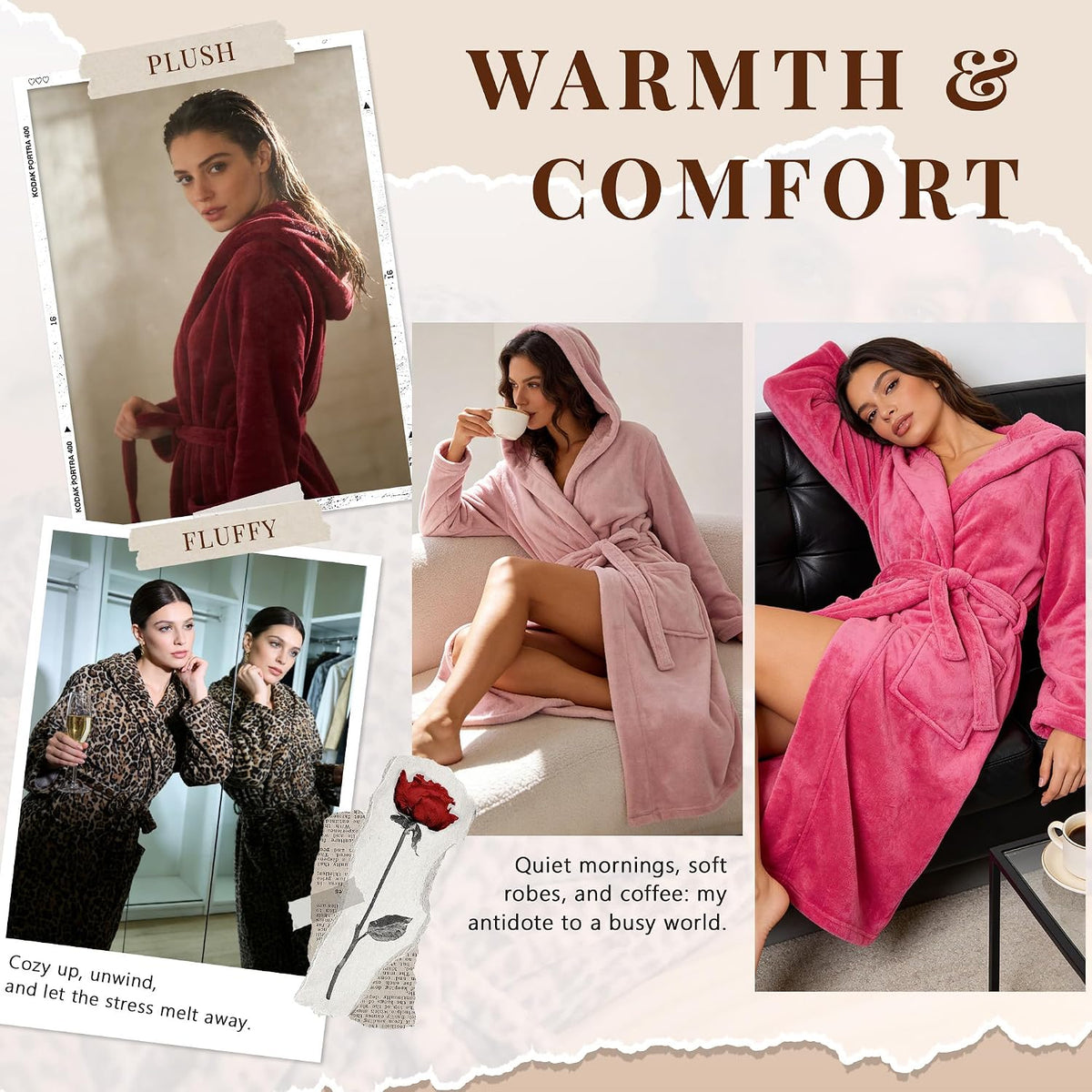 Womens Hooded Fleece Robe, Soft Bathrobe for Womens, Cute Long House Coat