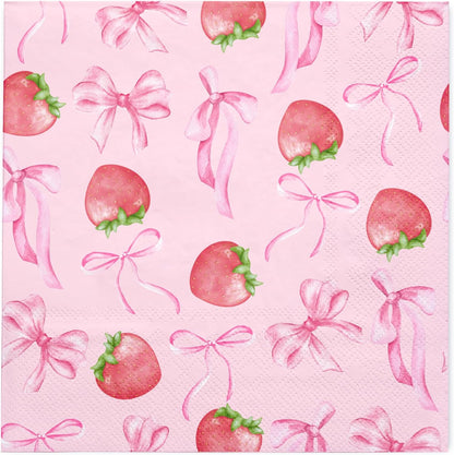 WRAPAHOLIC 50Pcs Pink Bow Strawberry Paper Napkins - 3-Ply Pink Bow Disposable Paper Napkins for Strawberry Party Berry Birthday Party Baby Girl Shower - 6.5 x 6.5 In