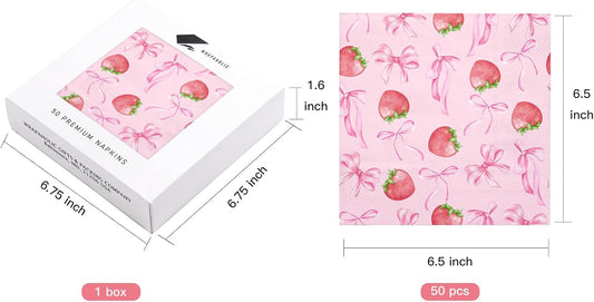 WRAPAHOLIC 50Pcs Pink Bow Strawberry Paper Napkins - 3-Ply Pink Bow Disposable Paper Napkins for Strawberry Party Berry Birthday Party Baby Girl Shower - 6.5 x 6.5 In