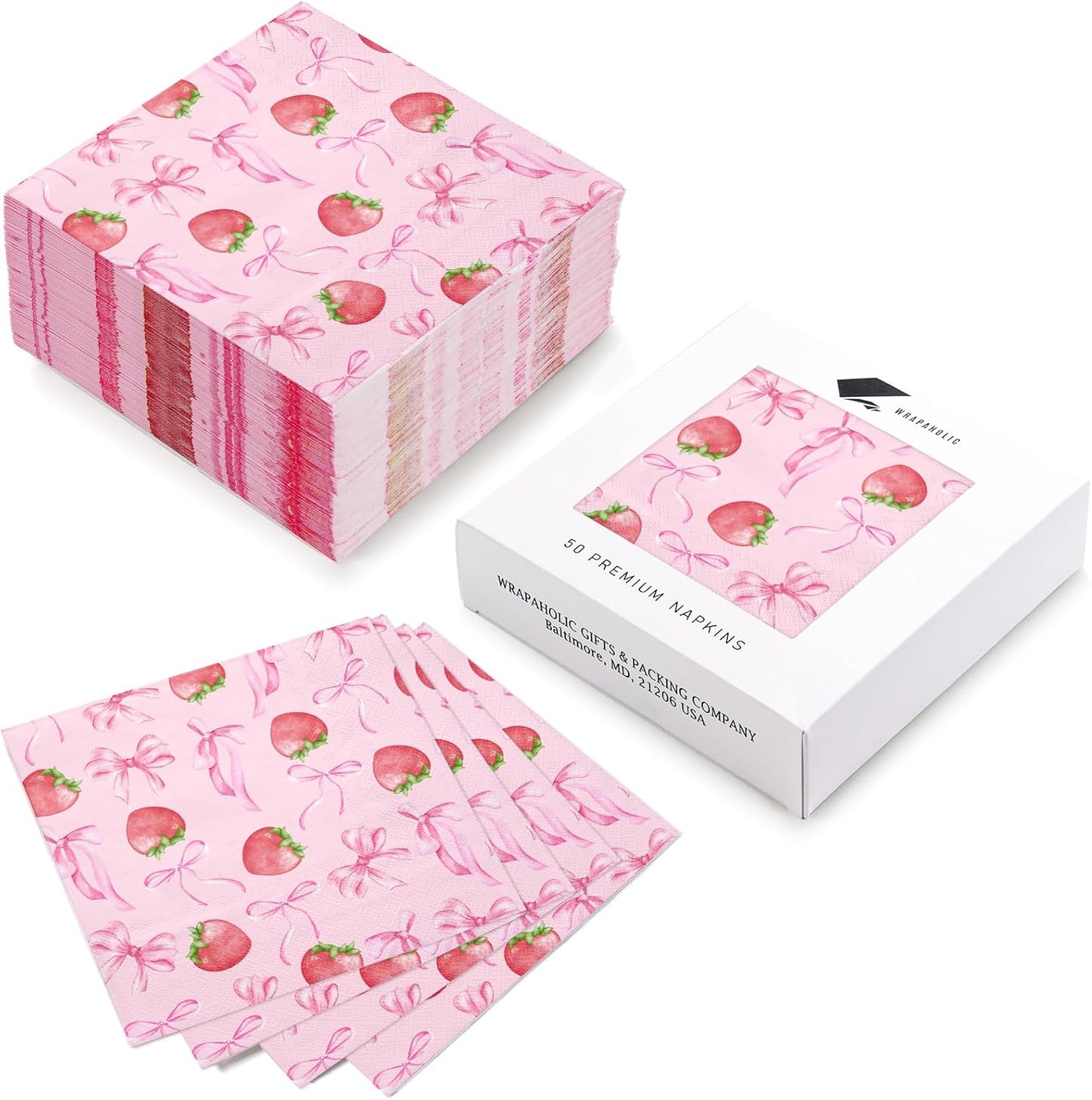 WRAPAHOLIC 50Pcs Pink Bow Strawberry Paper Napkins - 3-Ply Pink Bow Disposable Paper Napkins for Strawberry Party Berry Birthday Party Baby Girl Shower - 6.5 x 6.5 In
