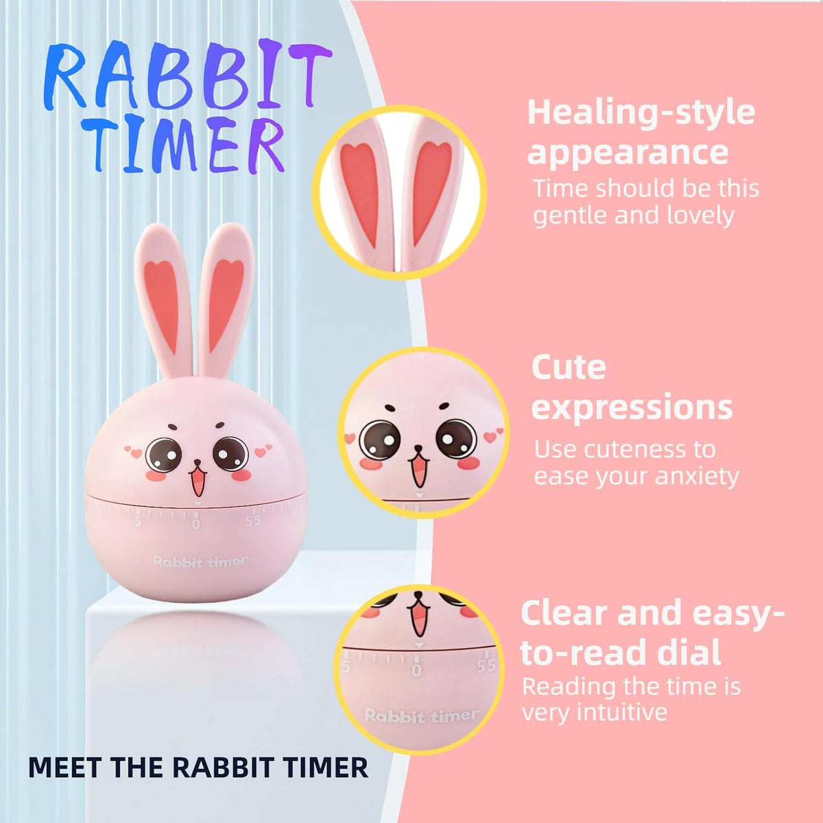 Cartoon Mechanical Kitchen Timer, 60 Minutes Countdown Timer, Mechanical Visual Timer for Kids - No Batteries Required, Kitchen Timer for Cooking, Home, Study and Classroom (Pink-A)
