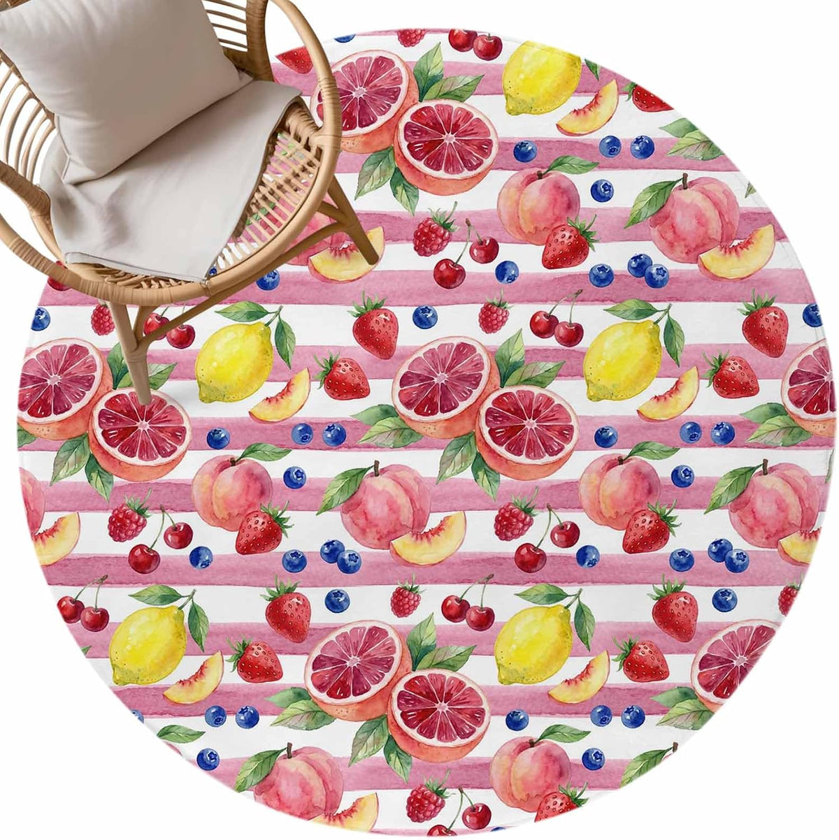 3ft Soft Round Area Rugs Summer Peach Lemon Grapefruit Indoor Carpet for Living Room Bedroom Nursery Washable Circle Floor Mats Blueberry Strawberry Pink Stripe Decor