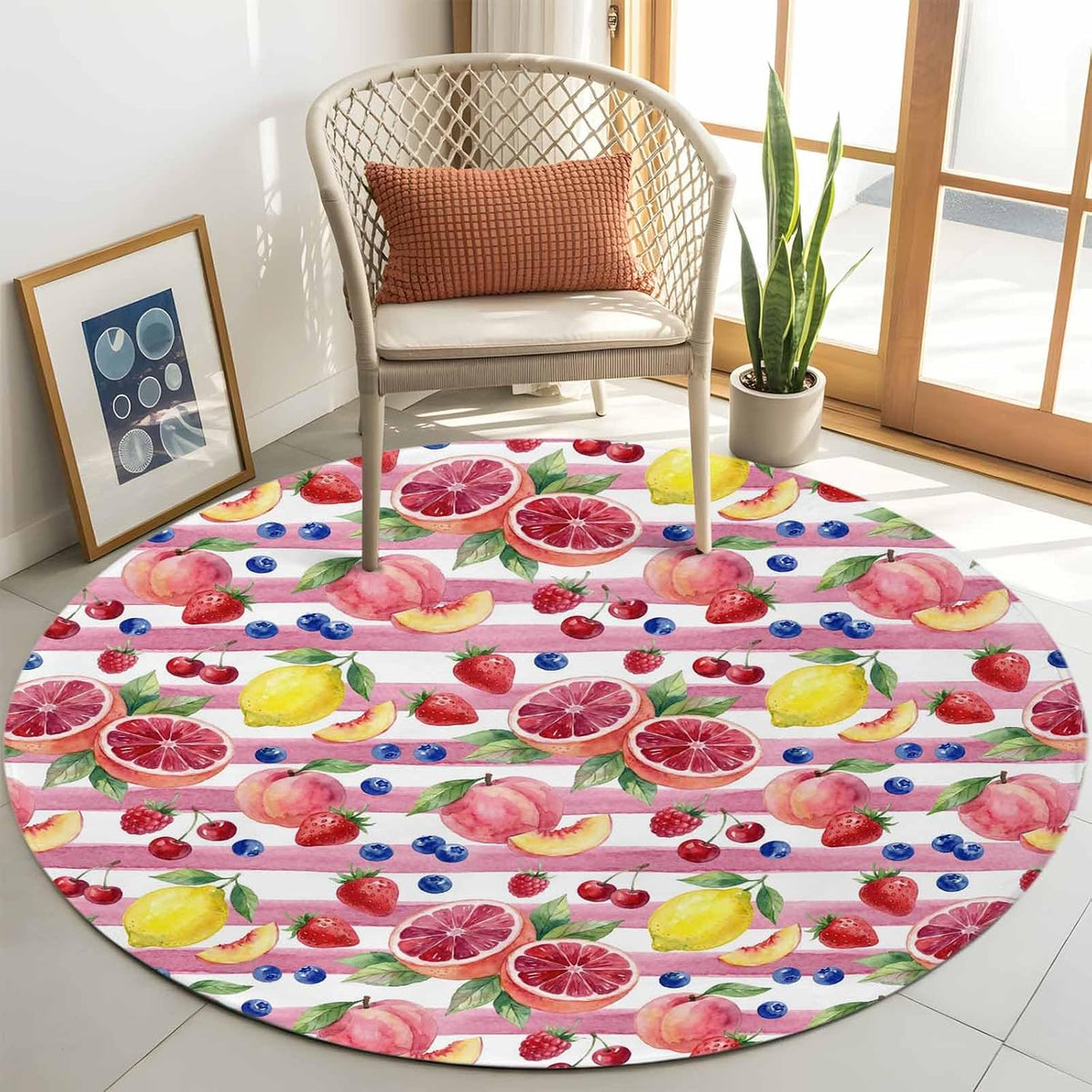 3ft Soft Round Area Rugs Summer Peach Lemon Grapefruit Indoor Carpet for Living Room Bedroom Nursery Washable Circle Floor Mats Blueberry Strawberry Pink Stripe Decor