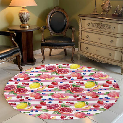 3ft Soft Round Area Rugs Summer Peach Lemon Grapefruit Indoor Carpet for Living Room Bedroom Nursery Washable Circle Floor Mats Blueberry Strawberry Pink Stripe Decor