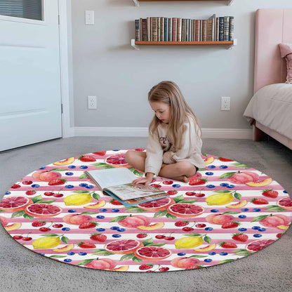 3ft Soft Round Area Rugs Summer Peach Lemon Grapefruit Indoor Carpet for Living Room Bedroom Nursery Washable Circle Floor Mats Blueberry Strawberry Pink Stripe Decor