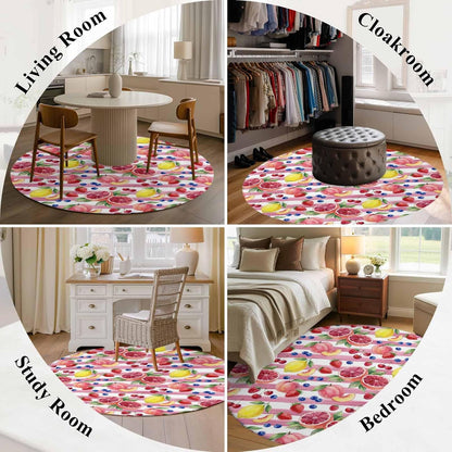 3ft Soft Round Area Rugs Summer Peach Lemon Grapefruit Indoor Carpet for Living Room Bedroom Nursery Washable Circle Floor Mats Blueberry Strawberry Pink Stripe Decor