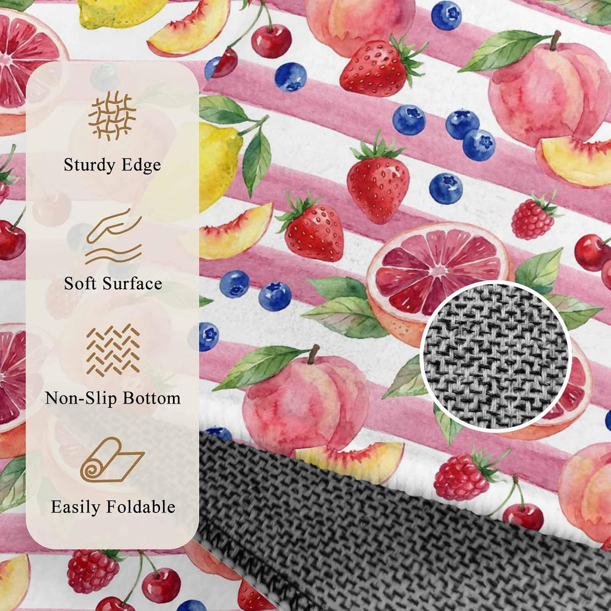 3ft Soft Round Area Rugs Summer Peach Lemon Grapefruit Indoor Carpet for Living Room Bedroom Nursery Washable Circle Floor Mats Blueberry Strawberry Pink Stripe Decor