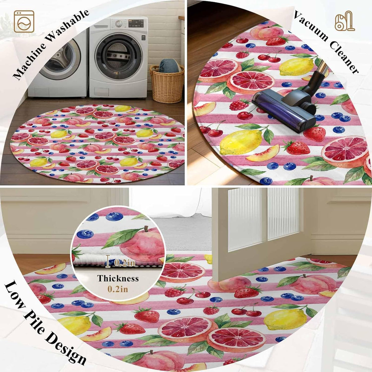 3ft Soft Round Area Rugs Summer Peach Lemon Grapefruit Indoor Carpet for Living Room Bedroom Nursery Washable Circle Floor Mats Blueberry Strawberry Pink Stripe Decor