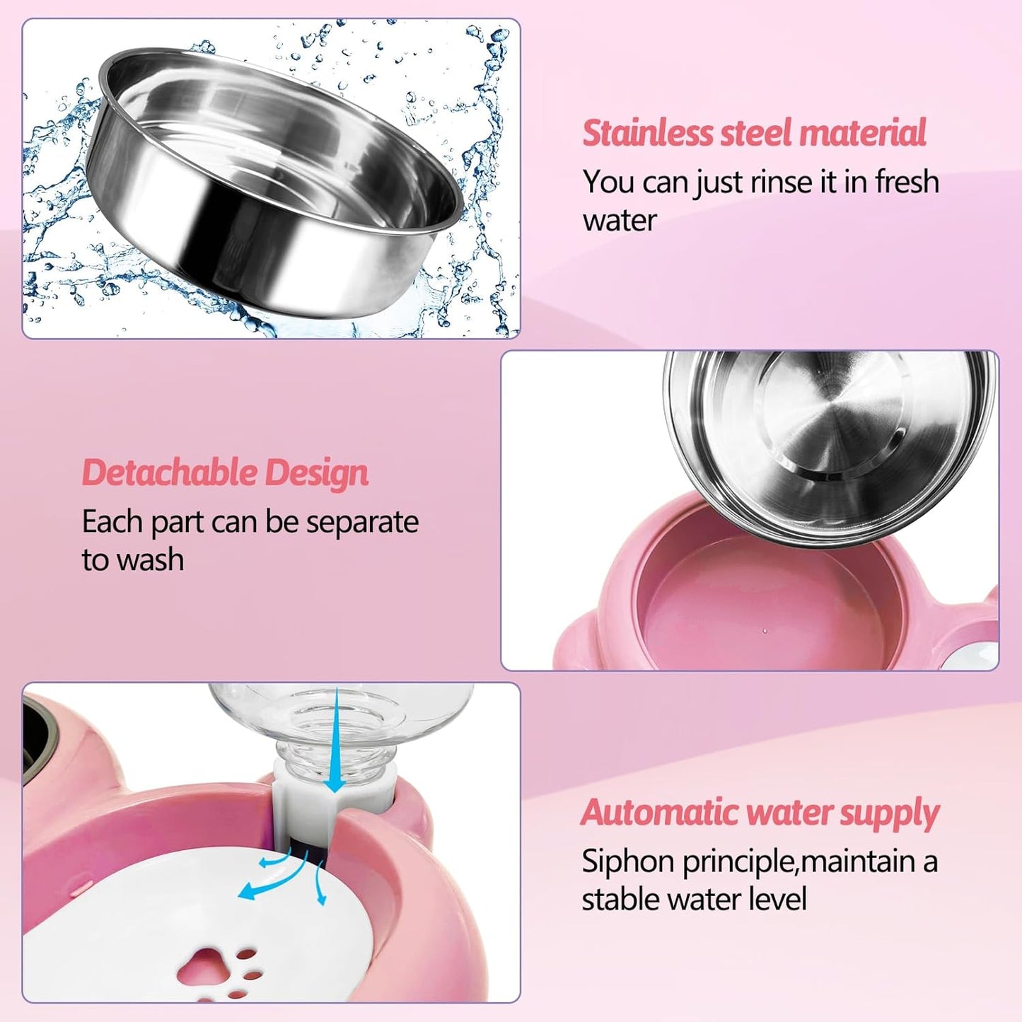 Rabbit Double Bowls Bunny Automatic Water Dispenser Detachable Stainless Steel Bowl No-Spill Water Bottle Food Feeder for Small Animals Bunny Squirrel Cat Puppy Chinchilla