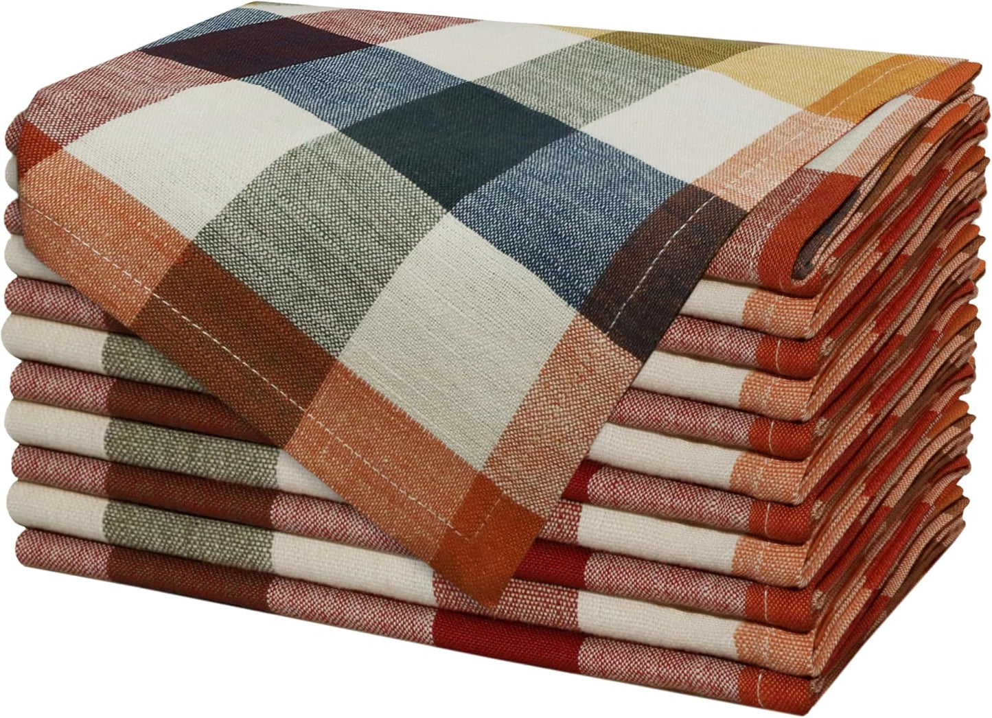 COTTON CRAFT Harvest Checks Cloth Napkins - Set of 12 Pure Cotton Dinner Napkins - Durable Washable Reusable Soft Napkin - Fall Thanksgiving Holiday Party Table Napkin Gift - 17 x 17 - Multicolor