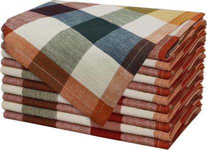 COTTON CRAFT Harvest Checks Cloth Napkins - Set of 12 Pure Cotton Dinner Napkins - Durable Washable Reusable Soft Napkin - Fall Thanksgiving Holiday Party Table Napkin Gift - 17 x 17 - Multicolor