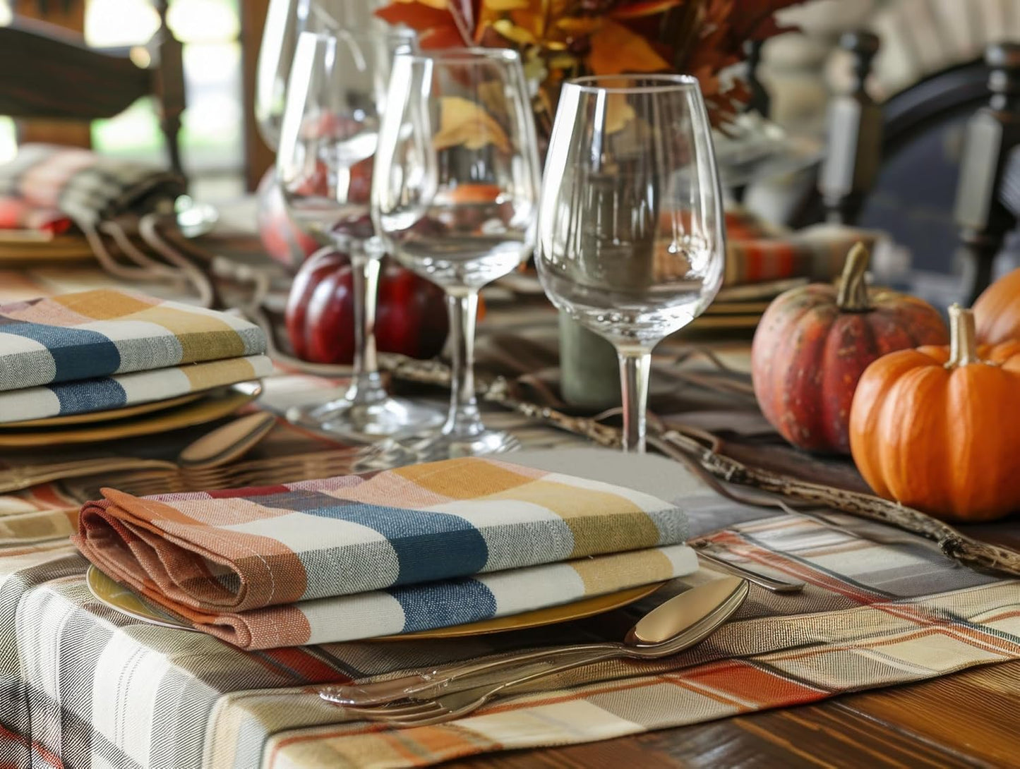 COTTON CRAFT Harvest Checks Cloth Napkins - Set of 12 Pure Cotton Dinner Napkins - Durable Washable Reusable Soft Napkin - Fall Thanksgiving Holiday Party Table Napkin Gift - 17 x 17 - Multicolor