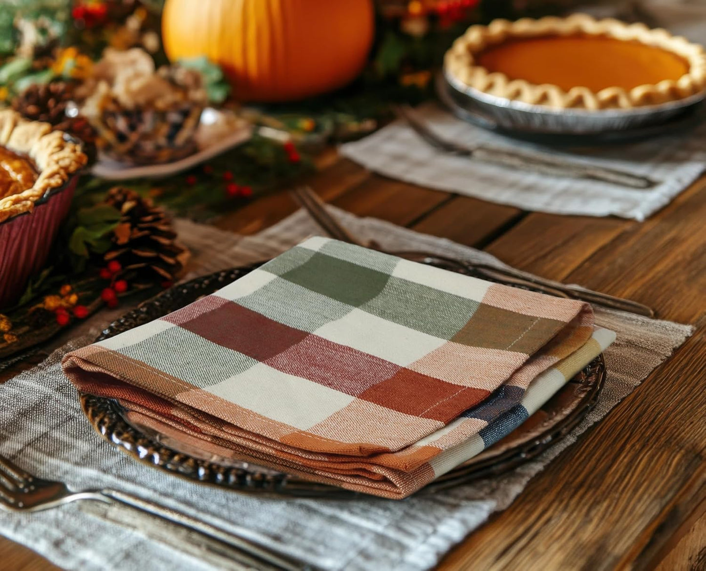 COTTON CRAFT Harvest Checks Cloth Napkins - Set of 12 Pure Cotton Dinner Napkins - Durable Washable Reusable Soft Napkin - Fall Thanksgiving Holiday Party Table Napkin Gift - 17 x 17 - Multicolor
