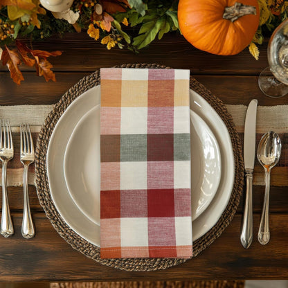 COTTON CRAFT Harvest Checks Cloth Napkins - Set of 12 Pure Cotton Dinner Napkins - Durable Washable Reusable Soft Napkin - Fall Thanksgiving Holiday Party Table Napkin Gift - 17 x 17 - Multicolor