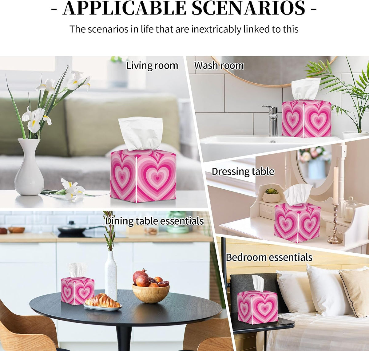 Tissue Box Holder Pink Heart Tissue Box Cover Square Leather Tissue Holder Organizer Portable Decorative Facial Paper Case for Home Office Bathroom Vanity Countertop