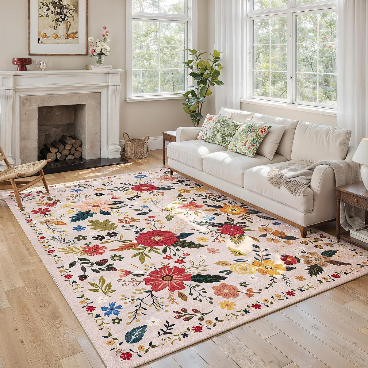 5x7 Beige Rug, Floral Washable for Living Room Area Rug