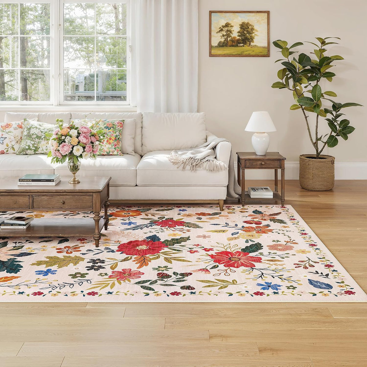 5x7 Beige Rug, Floral Washable for Living Room Area Rug
