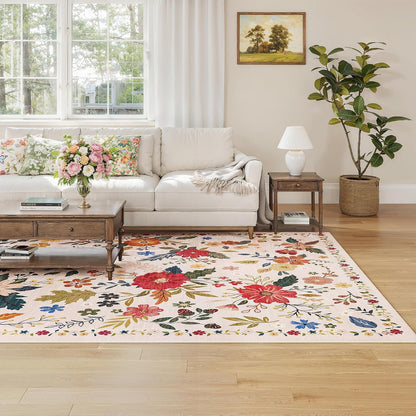 5x7 Beige Rug, Floral Washable for Living Room Area Rug