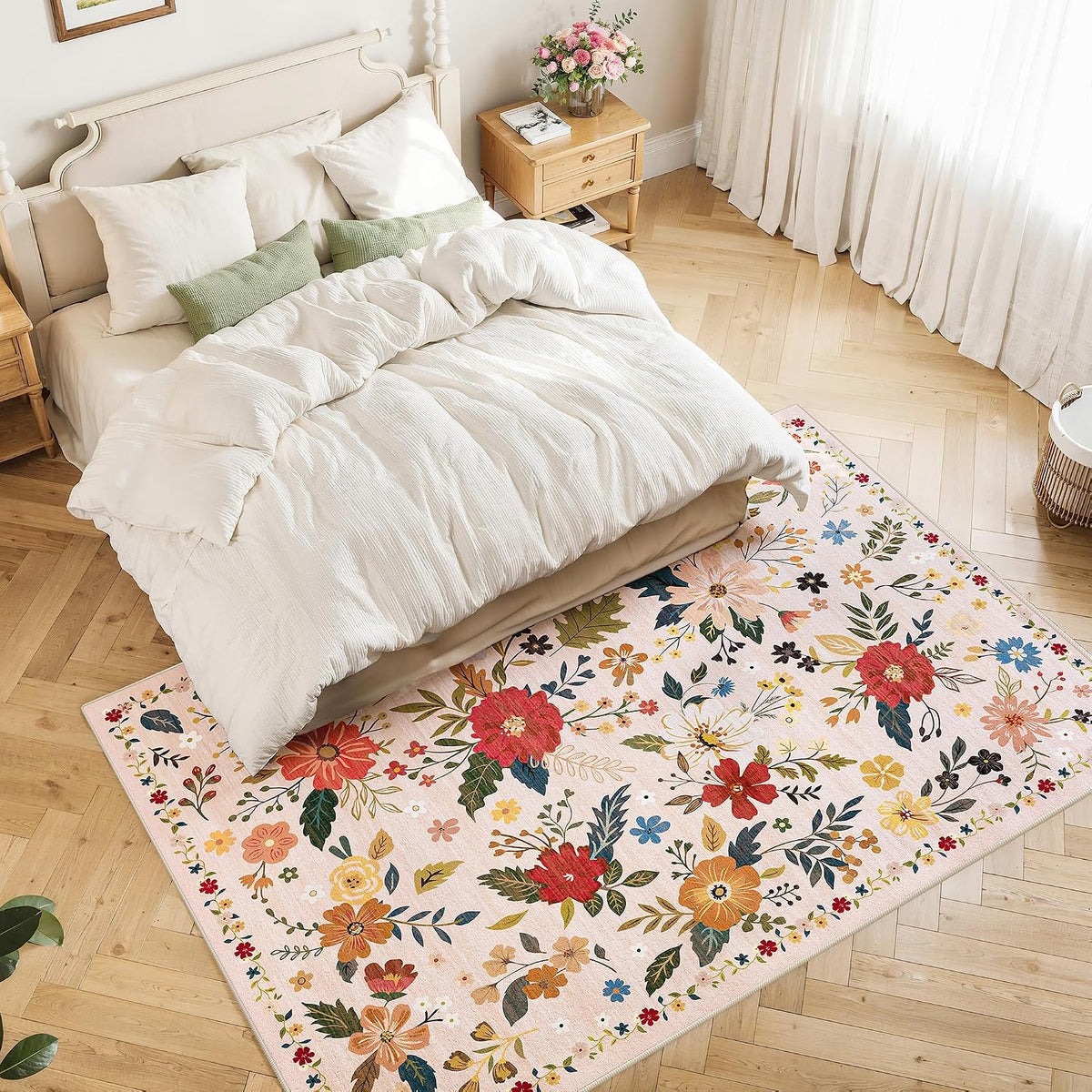 5x7 Beige Rug, Floral Washable for Living Room Area Rug