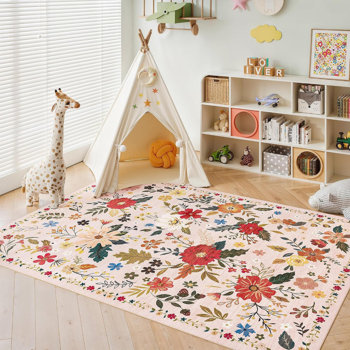 5x7 Beige Rug, Floral Washable for Living Room Area Rug