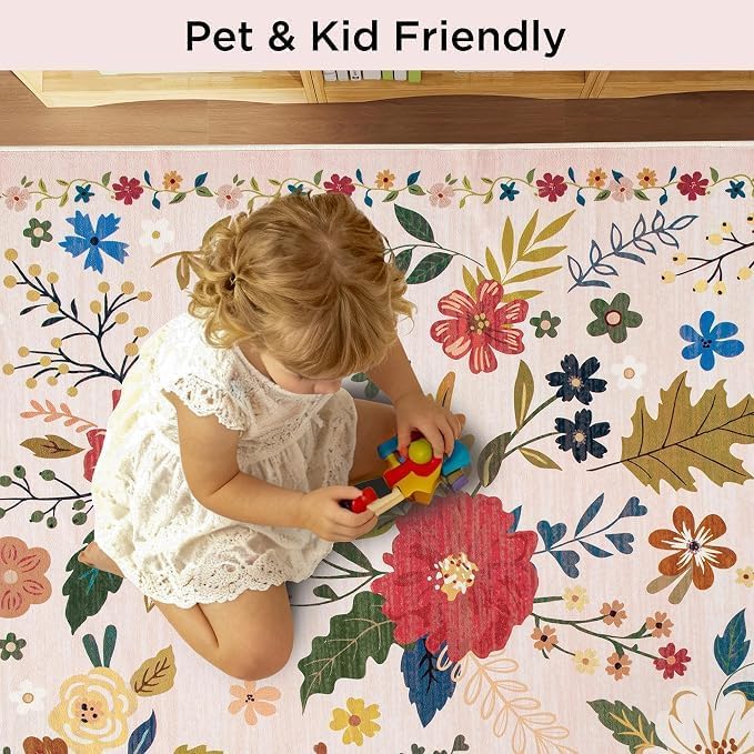 5x7 Beige Rug, Floral Washable for Living Room Area Rug