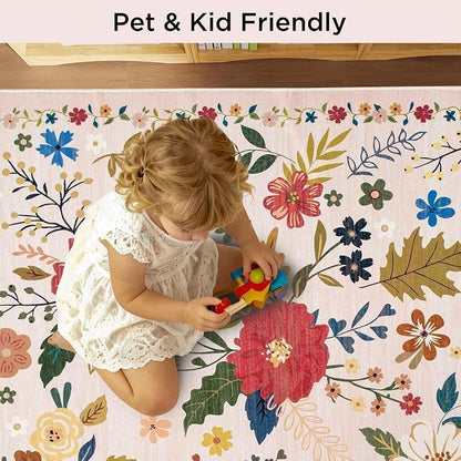 5x7 Beige Rug, Floral Washable for Living Room Area Rug